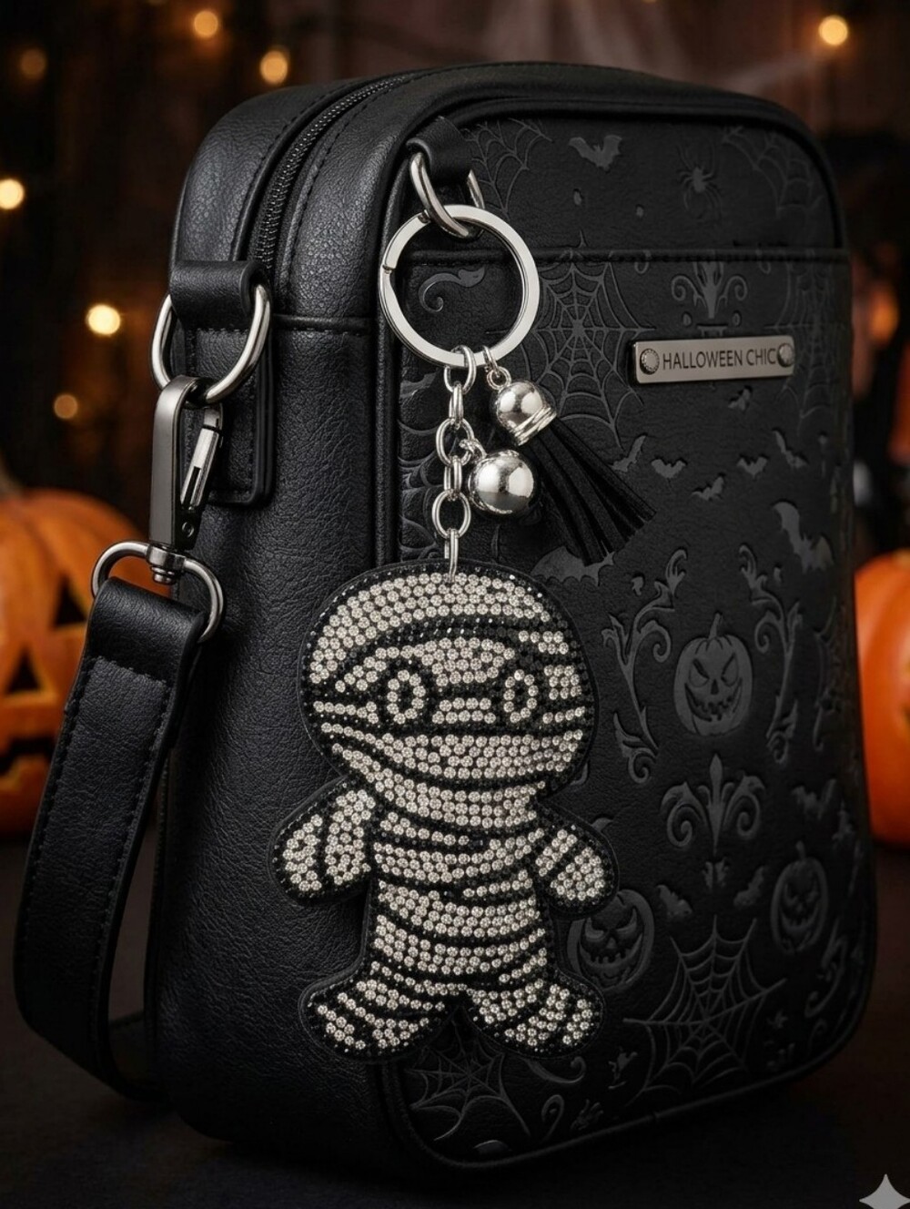 Black & Silver Embellished Mummy Bag Charm - NWT
